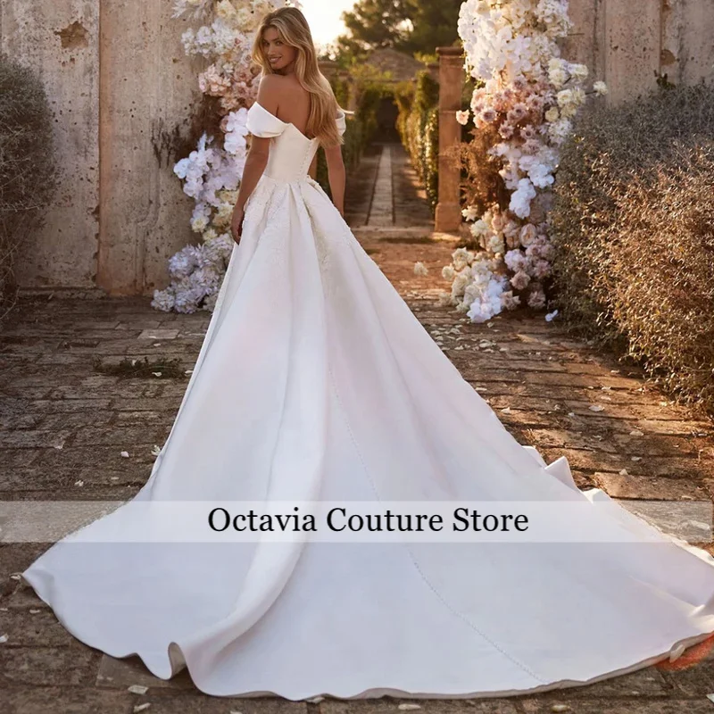 Custom Off The Shoulder Satin Wedding Dress Applique Draped A Line Bridal Dresses Court Train Vestidos De Novia Wedding Gown