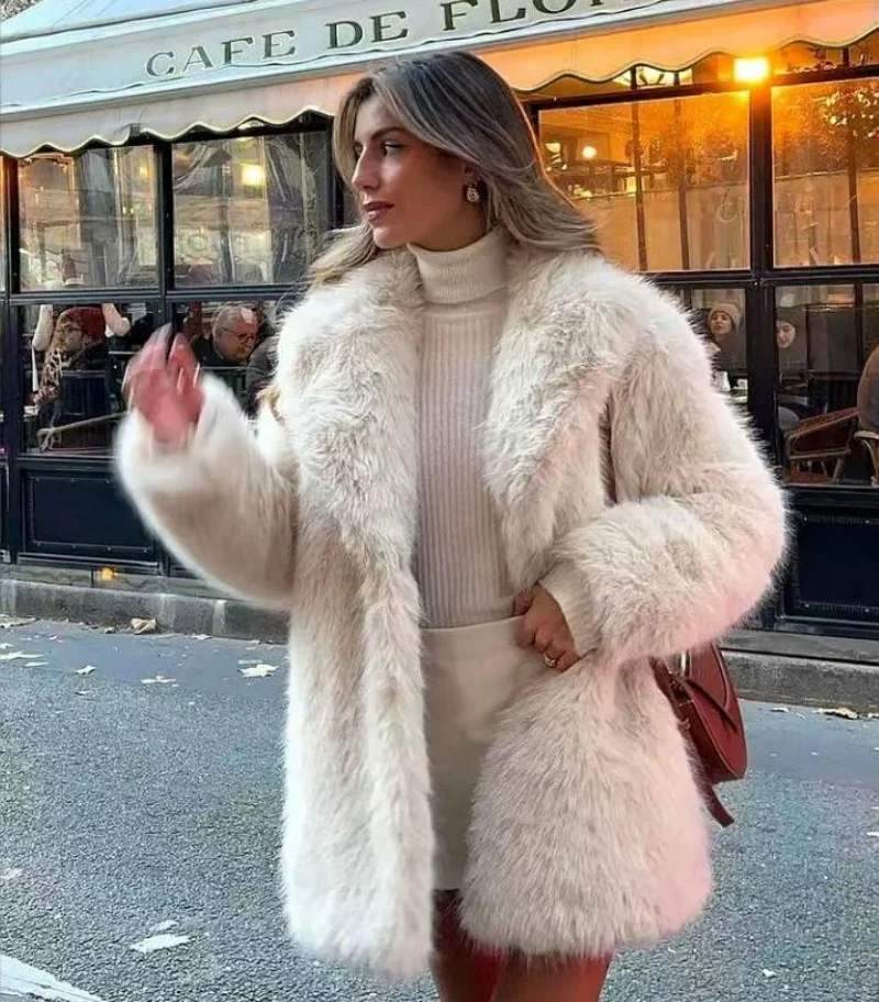 

Lapels Faux Fur Coat Women 2025 Winter Brand Designer Fluffy Fox Fur Jacket Luxury Furry Overcoats Girl Stylish Long Outerwear