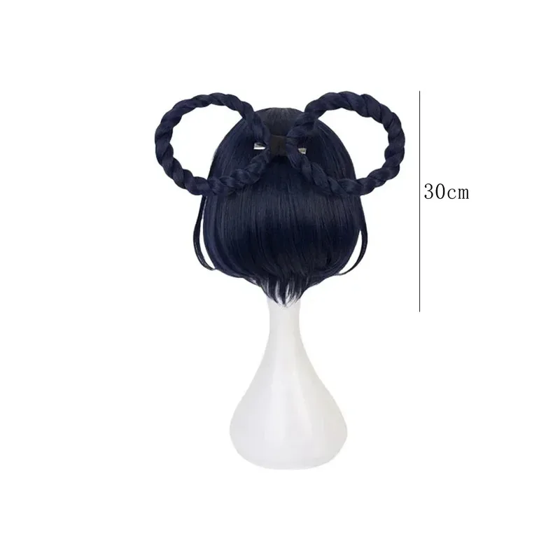 애니메이션 합성 머리 Xiangling 코스프레 가발 짧은 진한 파란색 역할 놀이 파티 축제 Genshin Impact Props