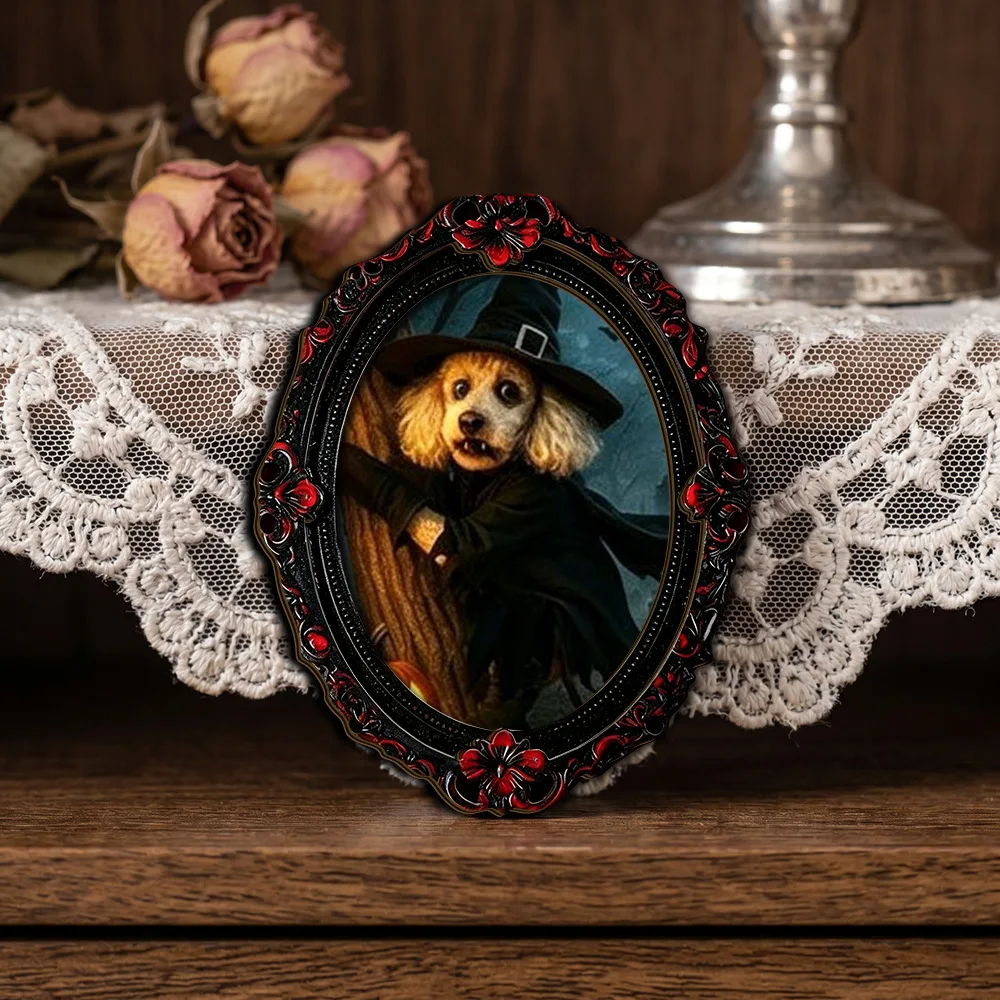 Vintage Halloween Animal Wooden Fridge Magnet, Ornate Photo Frame for Cat & Dog, Rustic Home Decor for Kitchen, Spooky Cute Gift