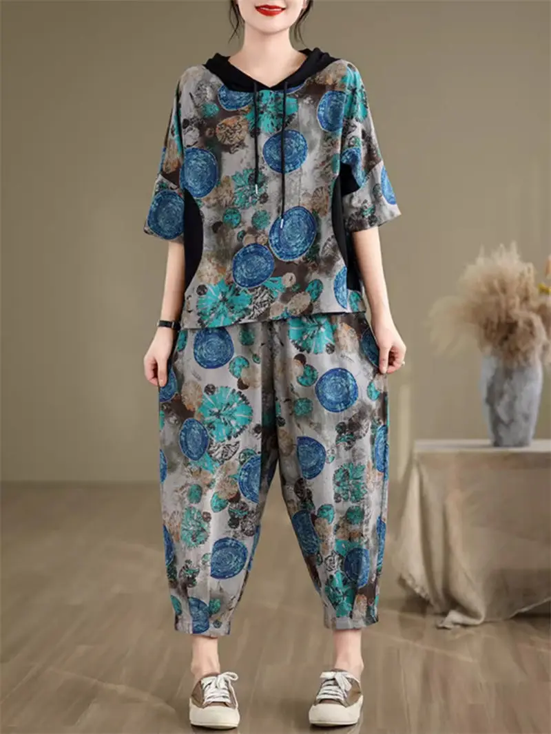 

Summer Cotton And Linen Shirt Tracksuit 2024 Fashion Printed Loose Fit Oversized Casual Top + Harem Pants Two-Piece Set K1416