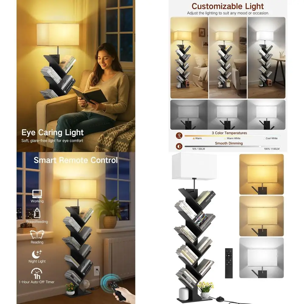 

Напольный книжный стеллаж с 9 полками, регулируемой яркостью, пультом ДУ и таймером, компактный деревянный книжный шкаф для дома и офиса (черный)