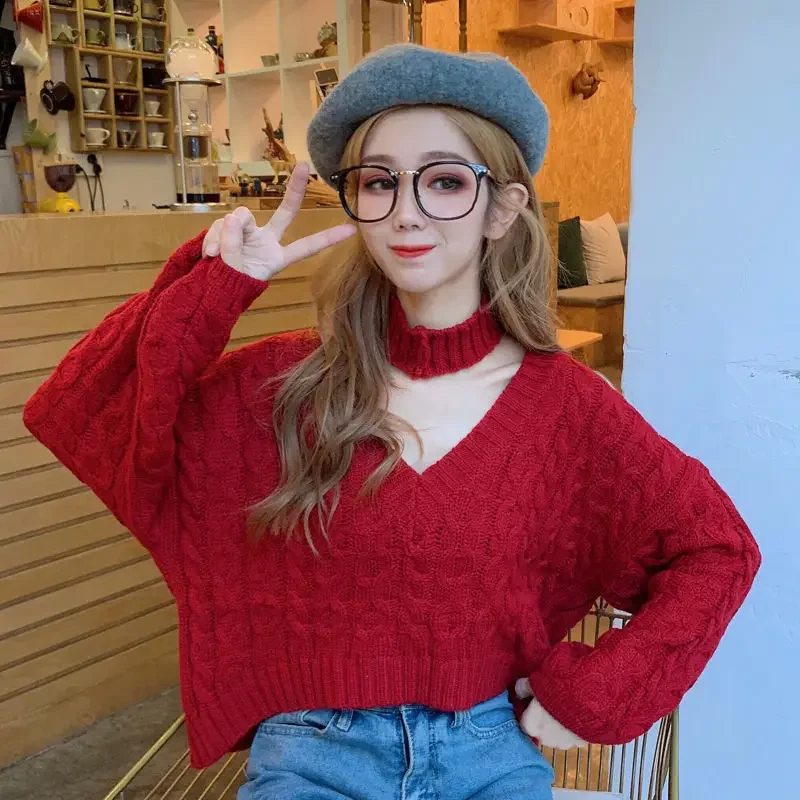 Neploe Winter Twisted Pullover Sweaters Female Knit Long Sleeve V Neck Crop Sweater Tops Korean Y2K Halter Jumper Pull Femme