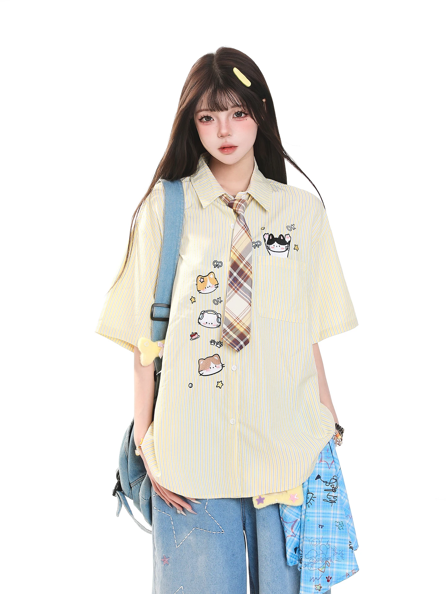 

Летняя женская рубашка с коротким рукавом, свободного кроя, с вышивкой и полосатым узором, универсальный топ с эффектом похудения и омоложения