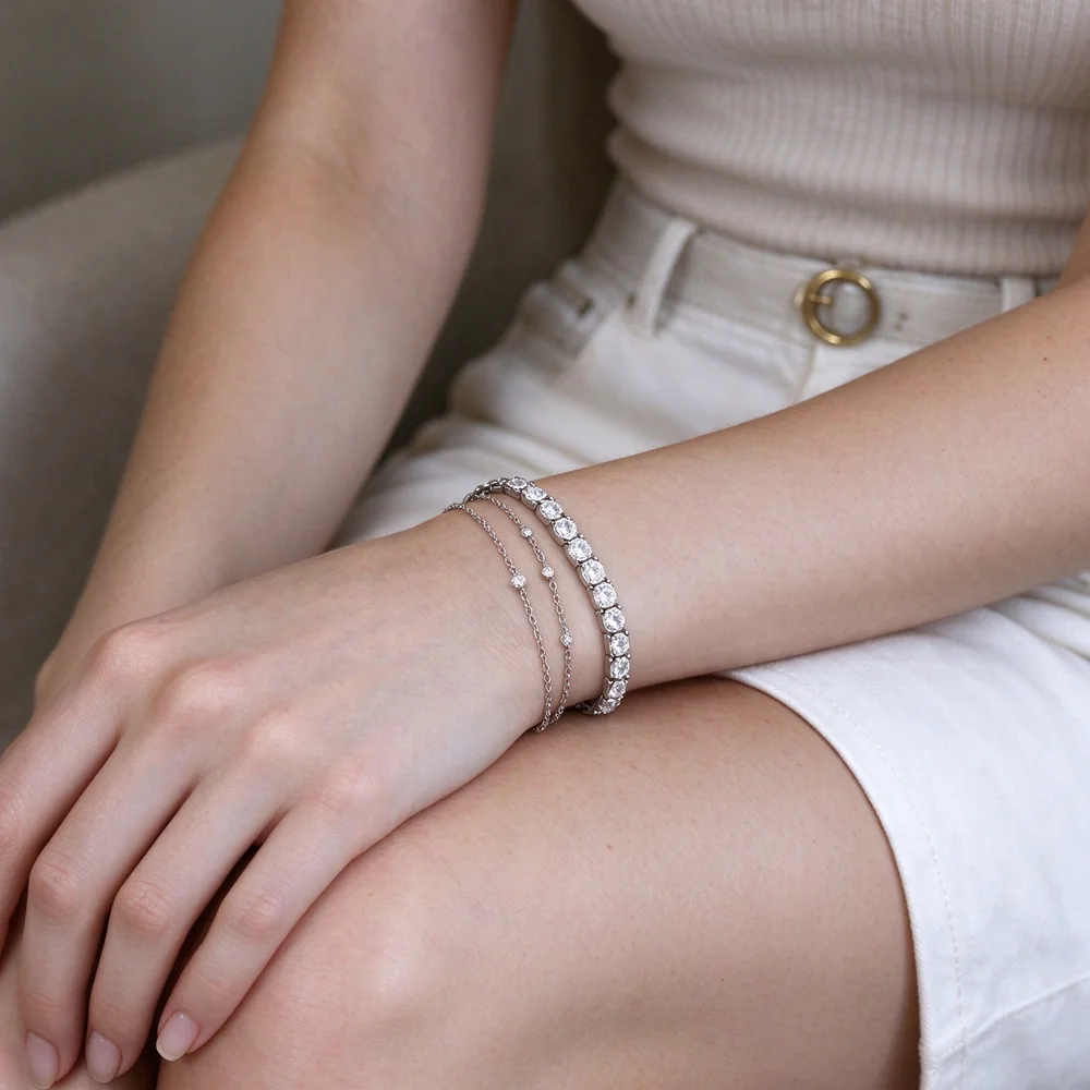 2026 New Fashionable Exquisite White Shining Zircon Tennis Chain Women's Same Series Bracelet Foot Chain Necklace Jewelry
