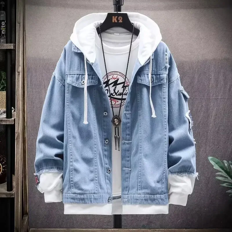 

Denim Jacket Mens Hooded Slim Fit Casual Streetwear Jean Jackets Long Sleeve Trendy Outerwear Autumn Winter Jacket Coat for Men