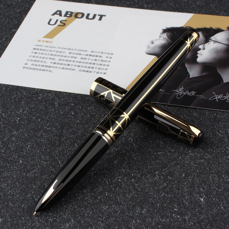 Imagem -02 - Herói 100 14k Gold Nib Totalmente Metal Dynasty Series Qin Fine Nib 0.5 mm Fountain Pen Preto Autêntico & Golden Writing Gift Set