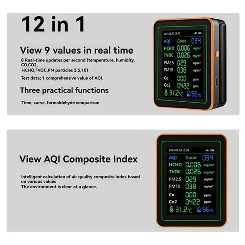 空気品質検出器 12 In 1-空気品質テスター 温度湿度計付き CO/CO2 HCHO/TVOC AQI/PM2.5 PM10 ブラック-AB01