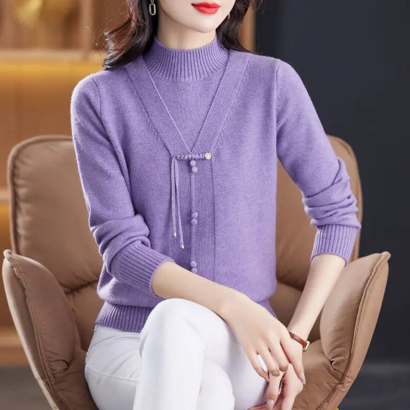 

2026 Autumn Winter New Sweater Knitted Women's Semi-high Collar Female Bottoming Middle-aged Elderly Pullover Loose Warm Top
