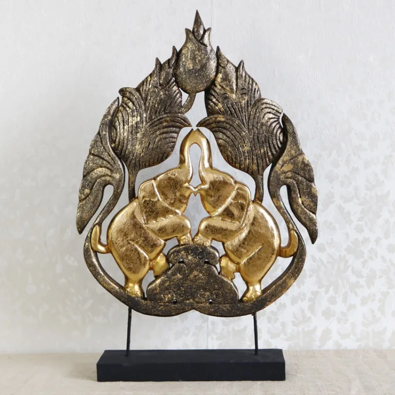 South East Asia style solid wood living room coffee table, lotus elephant desktop decoration crafts