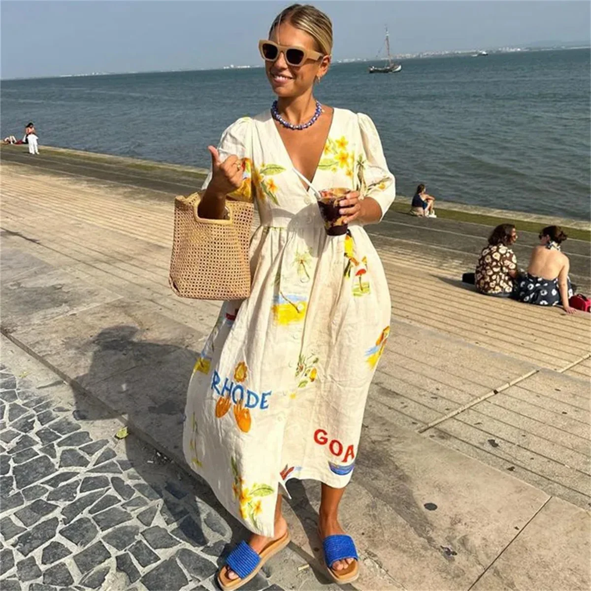 Women Elegant Print Long Dress Puff Short Sleeve Loose Female Dresses O-neck Vintage Retro Summer Robes Holiday Beach 2024 NEW