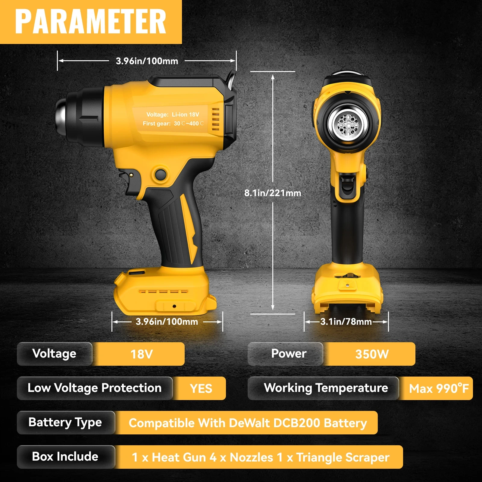 Draadloos heteluchtpistool voor Dewalt 20 V batterij 122 ℉ -1022 ℉   Draagbare batterij-krimppistool met instelbare temperatuur en 4 stuks mondstukken