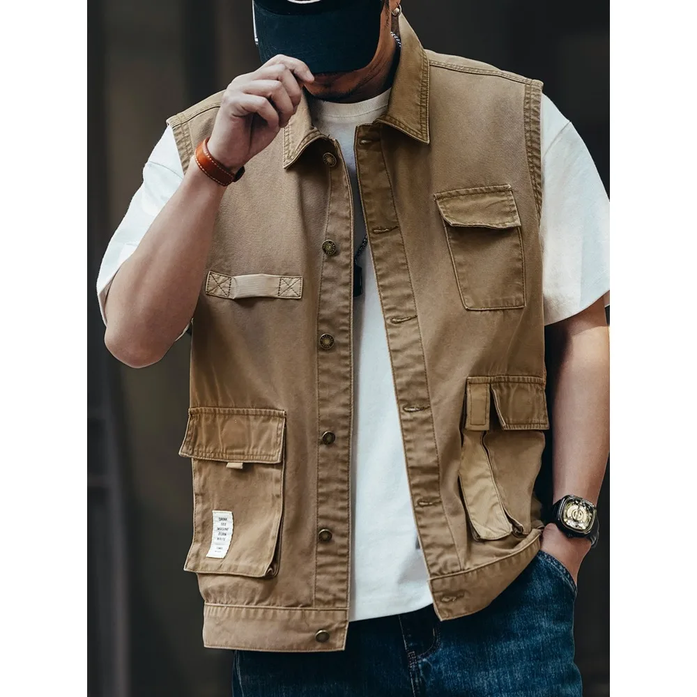 ملابس عمل قماشية عصرية للخريف للرجال، سترة من قماش الدنيم، صدرية متعددة الجيوب