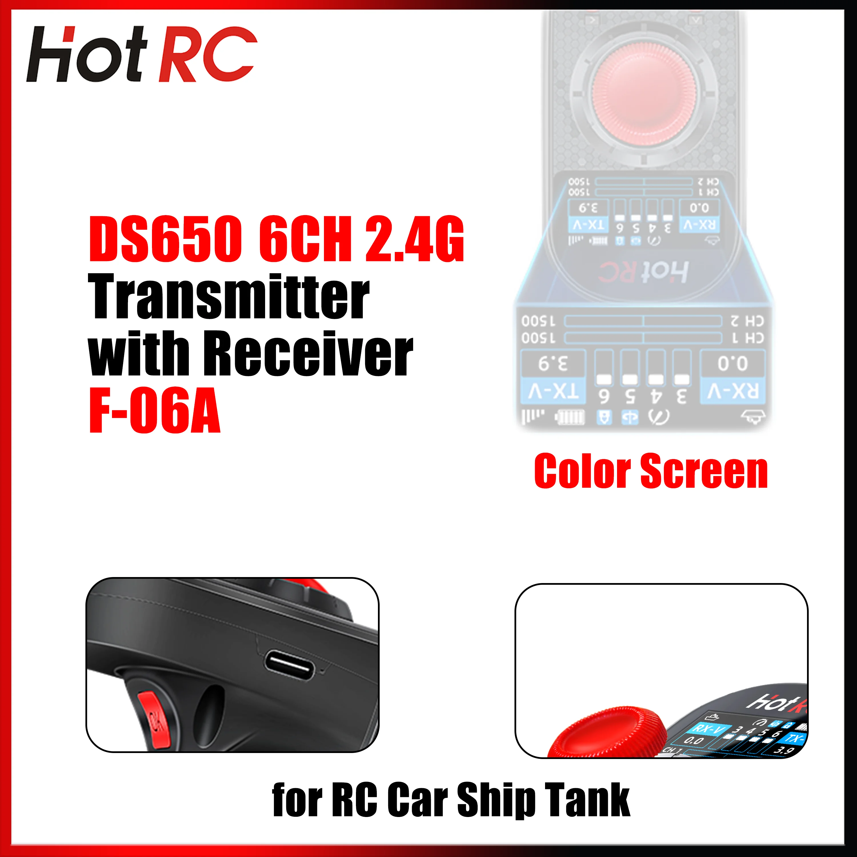 

HOTRC DS650 6CH 2.4G Radio System Transmitter Mutifunctional Color Screen Remote Controller with F-06A Receiver for RC Car Boat