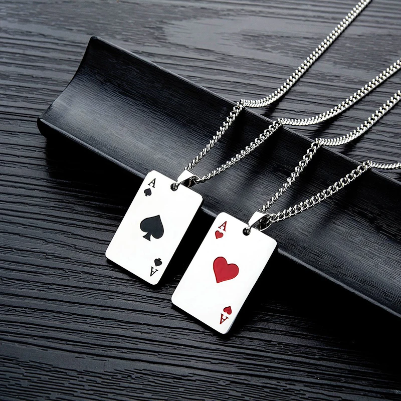 Punk Stainless Steel Playing Card Poker Pendant Necklace for Men Boys Hip Hop Lucky Ace of Spades Charm Necklace Women Jewelry