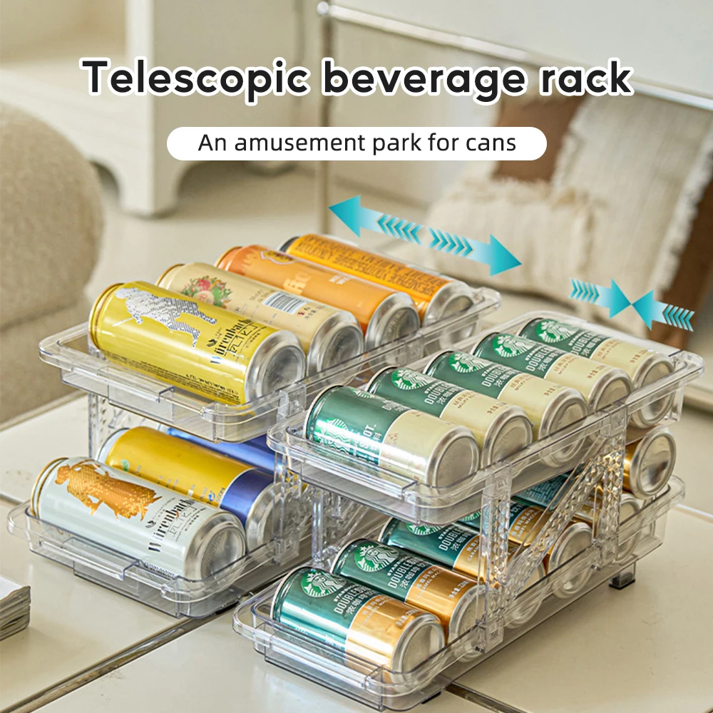 

2 Layer Beverage Storage Box Beer Drinks Can Bottle Fridge Jar Holder Scalable Rolling Dispenser Kitchen Refrigerator Organizer