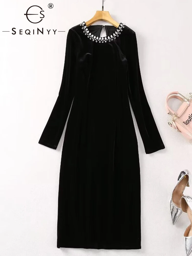 

SEQINYY Elegant Black Dress Knee Spring Autumn New Fashion Design Women Runway High Street Beading Velvet Slim Casual Party