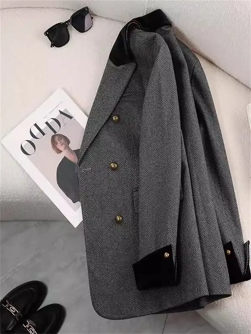 Women's 2025 New Korean Loose Blazer Herringbone Pattern Spliced Design Retro Spring Oversized Chic Office Casual Jacket ZT188