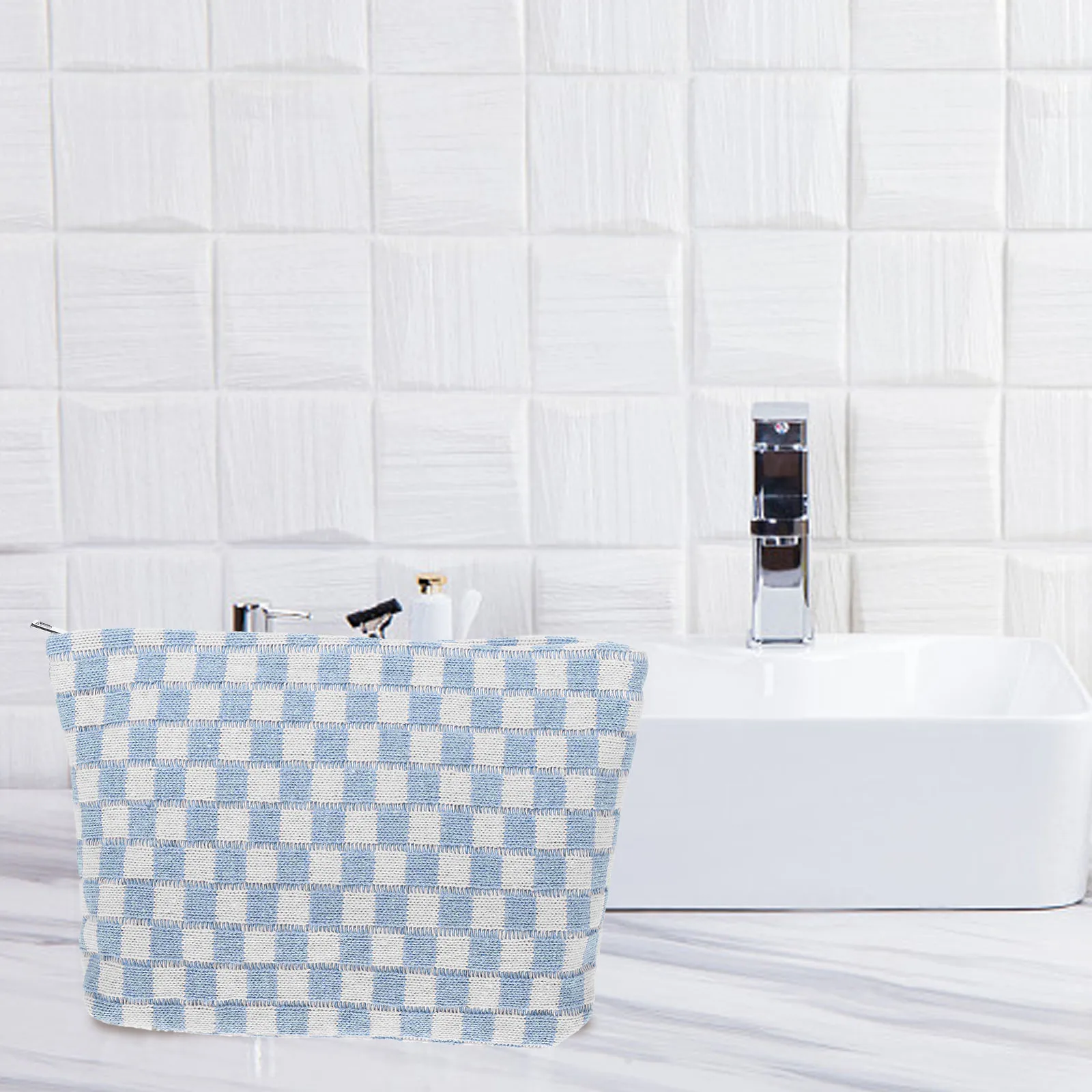 

Large Bag Portable Makeup Pouch for Women Blue White Knitted Fabric Toiletries Bag Travel Cosmetics Storage