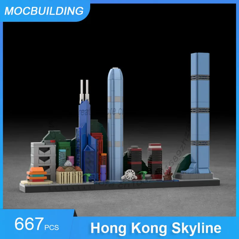

Строительные блоки MOC, модель горизонтальной линии Гонконга, сделай сам, сборка кирпичей, коллекция городских архитектур, дисплей, креативные игрушки, подарки, 667 шт.