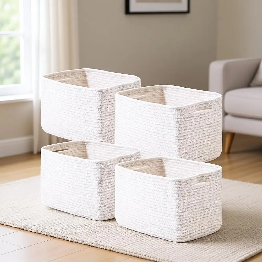 

Набор из 4 белых хлопковых корзин для хранения с ручками, 12,5 длина x 9,1 ширина x 7,9 высота (дюймы)