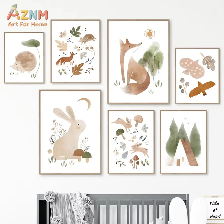 AZNM Neutral Watercolor Woodland Animal Canvas Print Fox Rabbit Hedgehog Bird Mushroom Forest Boho Nursery Unframed Wall Poster