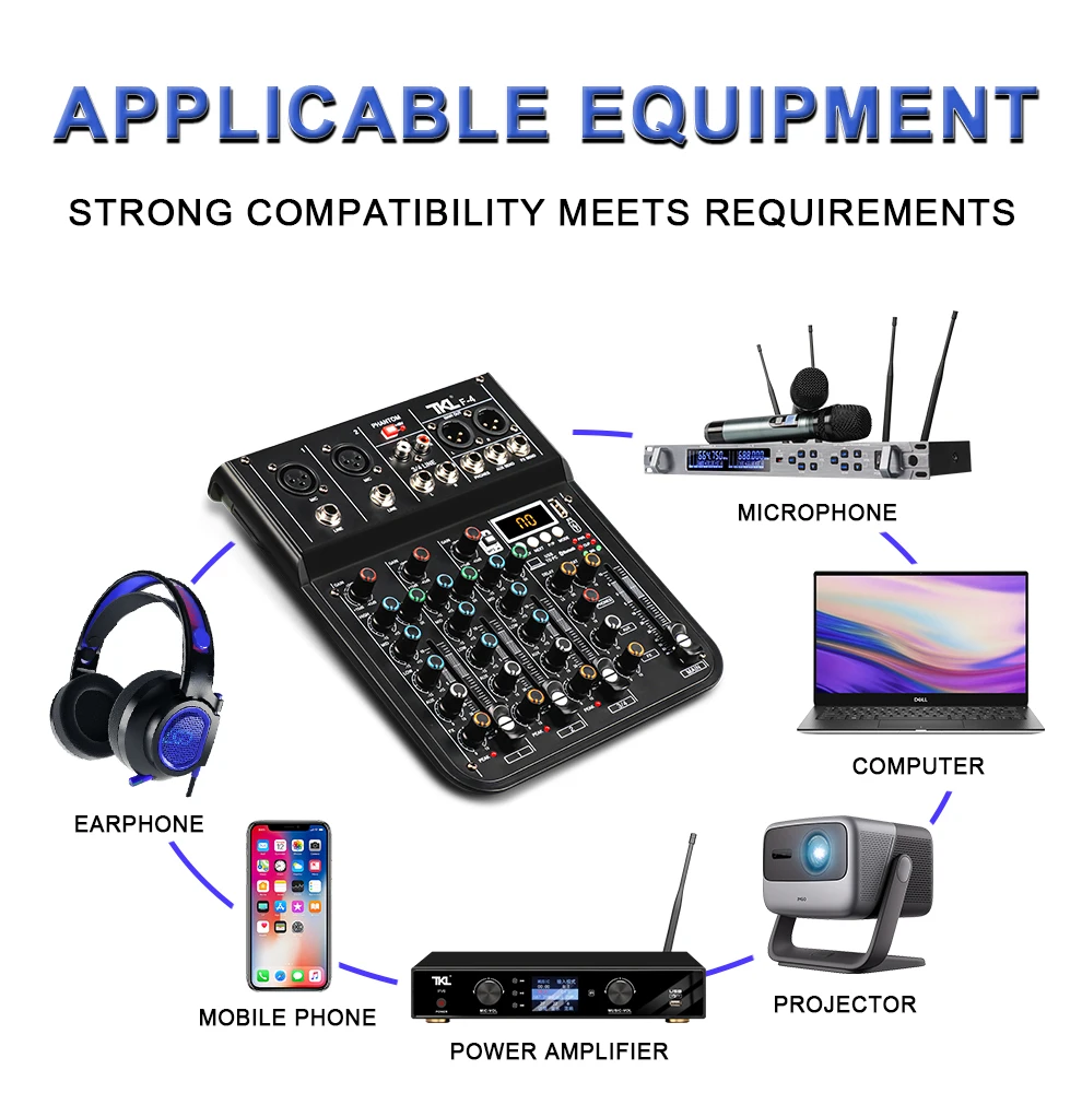 وحدة تحكم خلط الصوت الرقمية المحمولة ، وحدة تحكم دي جي احترافية ، 4 قنوات ، 48 فولت ، USB ، بلوتوث ، مسرح منزلي