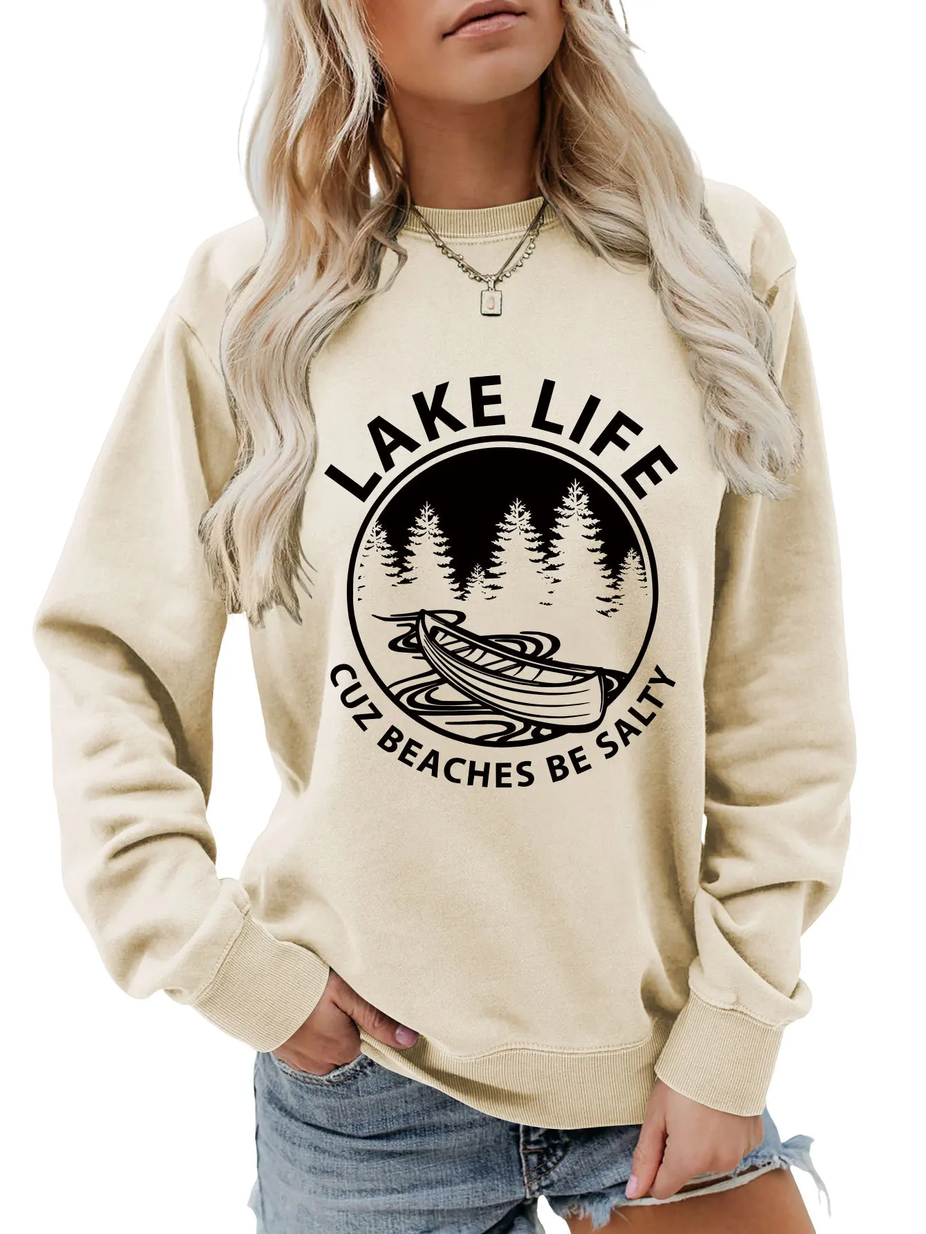 Autumn new women's long-sleeved T-shirt hoodie lake life cuz beaches be salty printed loose casual crew-neck top with all fashio