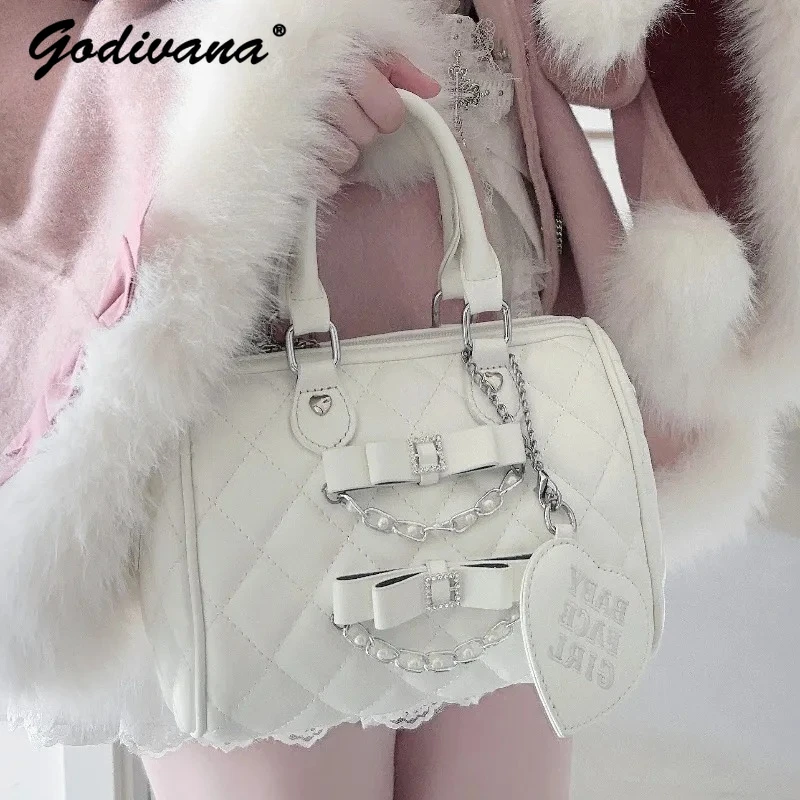 

Sweet Girls Diamond Bow Lolita Leather Handbag Japanese Style Women's Cute Rhinestone Totes Crossbody Bags