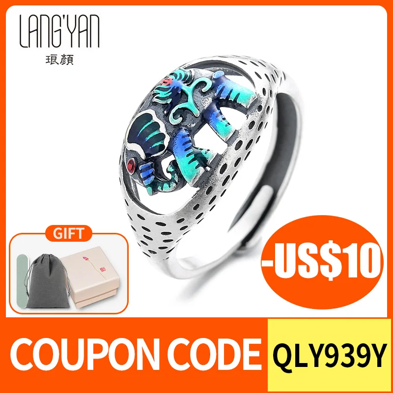 

Langyan Ethnic 925 Sterling Silver Enamel Adjustable Open Ring for Women Vintage Thai Auspicious Elephant Finger Rings JZ147