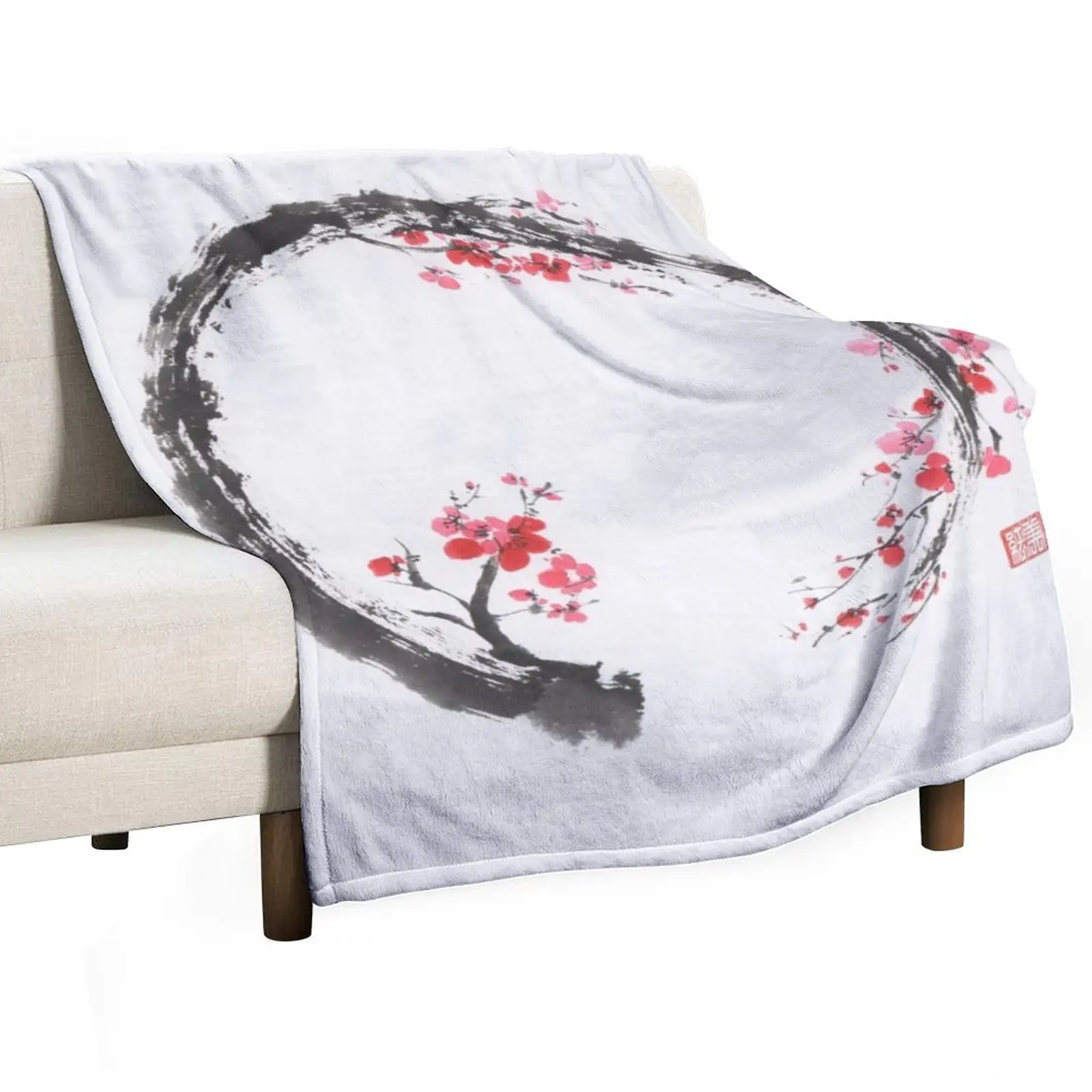 

Zen sumi-e conceptual painting of Enso circle as a red cherry blossom branch art print Throw Blanket Summer Blankets