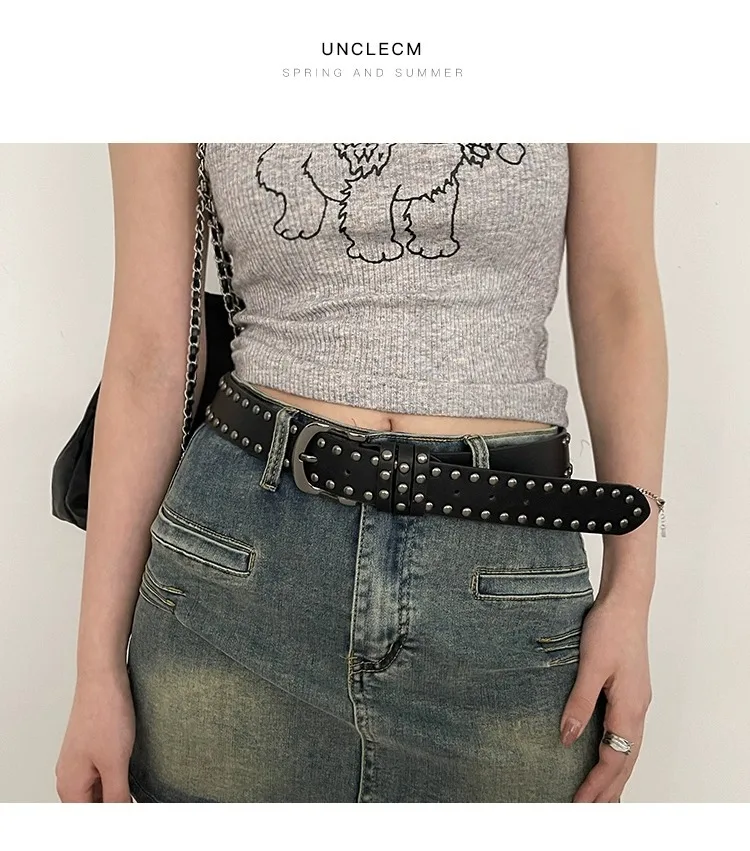 Stylish Western Punk-Style Belt Cool Girl's Edgy Versatile Jeans Belt Women's High-End Metal Statement Studded Belts