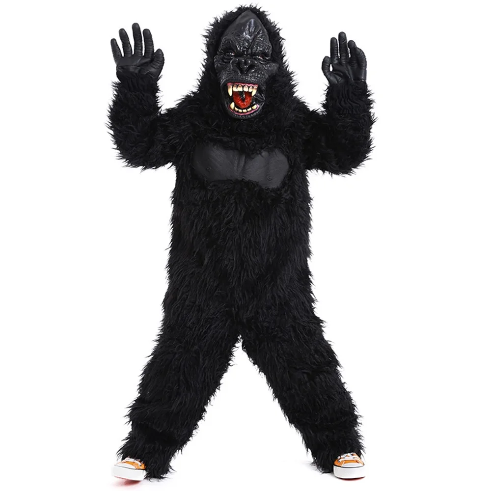 Animal Gorilla Cosplay Traje Macacão de pelúcia preta Conjunto completo Trajes de Halloween para criança