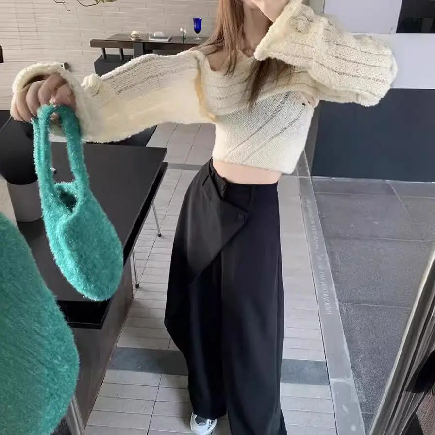 Pantalon de costume à jambes larges pour femmes, longueur au sol, taille haute, formel, Ele Busin, pantalon Long décontracté