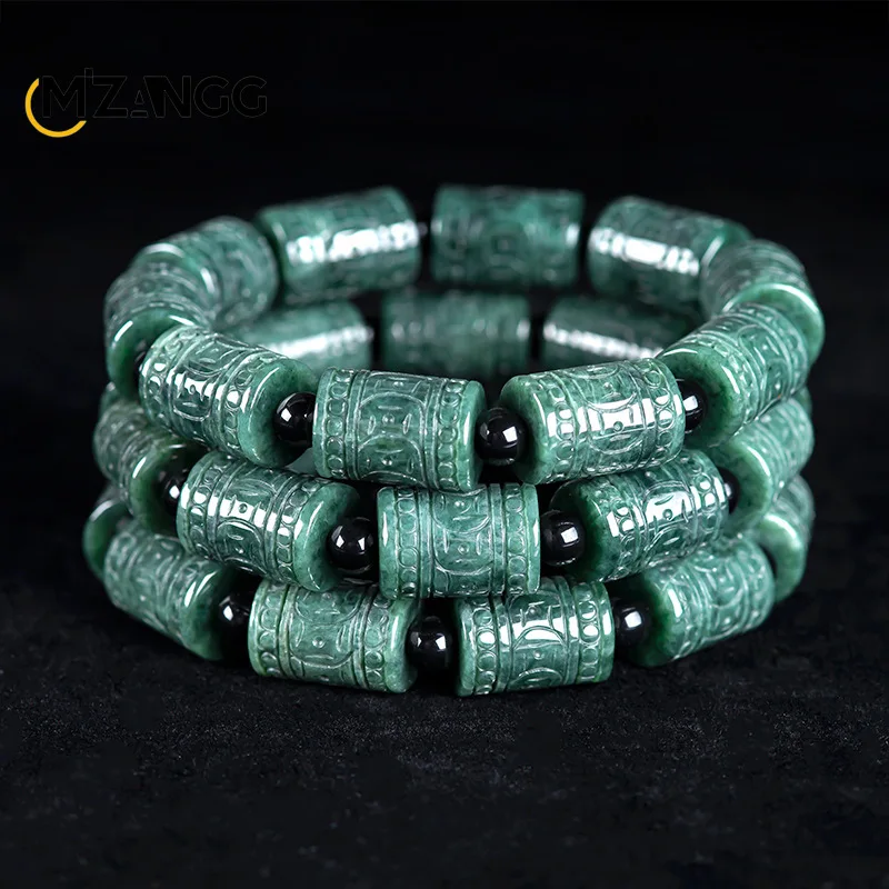 Pulsera de Jade de hielo tallada a mano para hombres y mujeres, cuentas de barril de flores grabadas en verde, aceite de jadeíta Natural, cuerdas exquisitas, regalo de moda