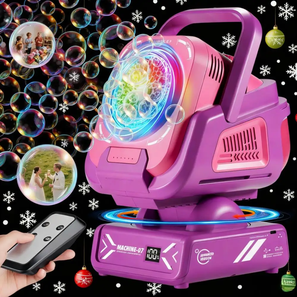 เครื่องทำฟองสบู่อัตโนมัติที่ทนทาน: ฟองขนาดใหญ่กว่า 18,000 ฟอง/นาที, ชาร์จใหม่ได้, ควบคุมด้วยรีโมท, ไฟ RGB 7 สี
