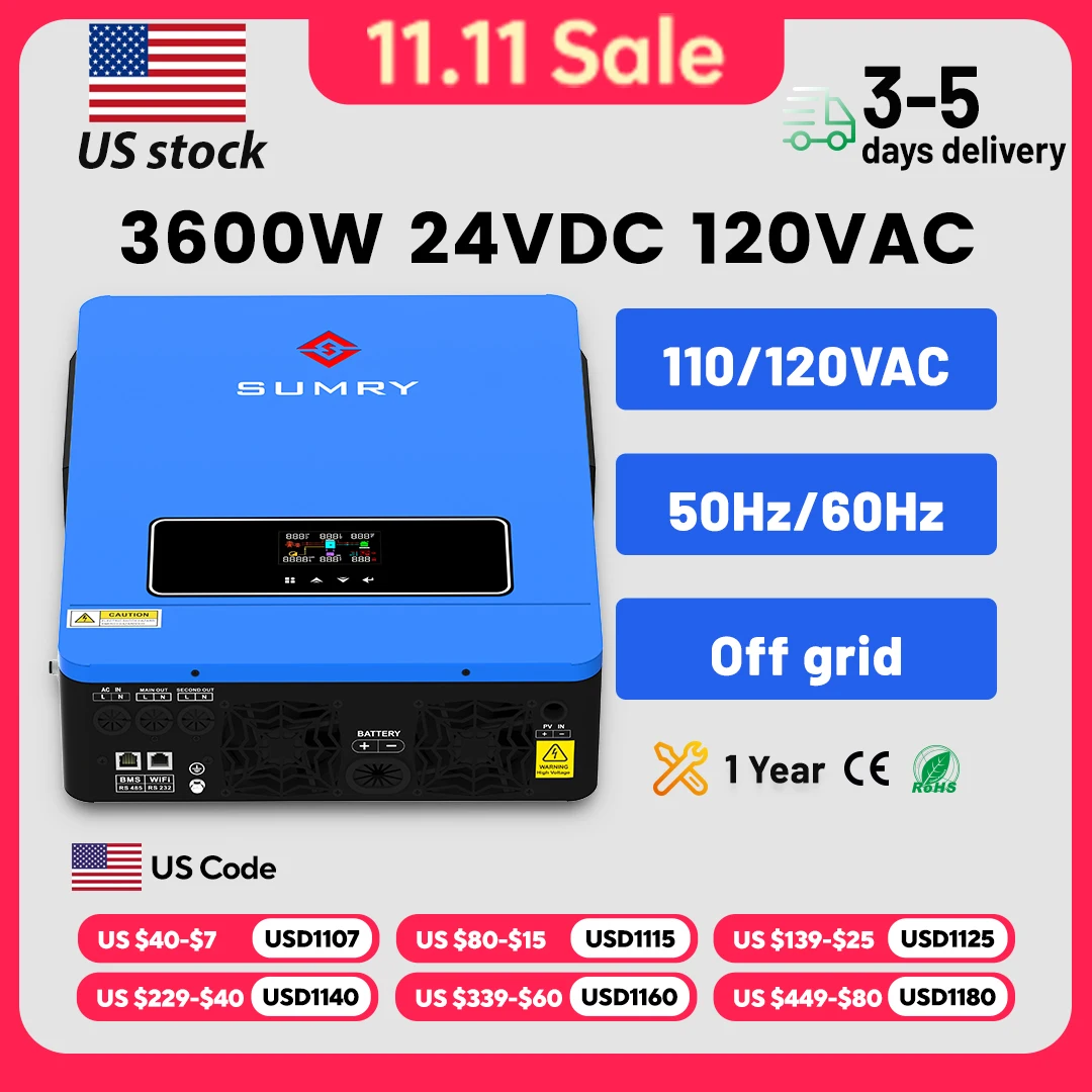 SUMRY 3600w Hybrid Pure Sine Wave Inverter 24v Dual Output 120v Solar Inverter 50/60hz Short-circuit Protection