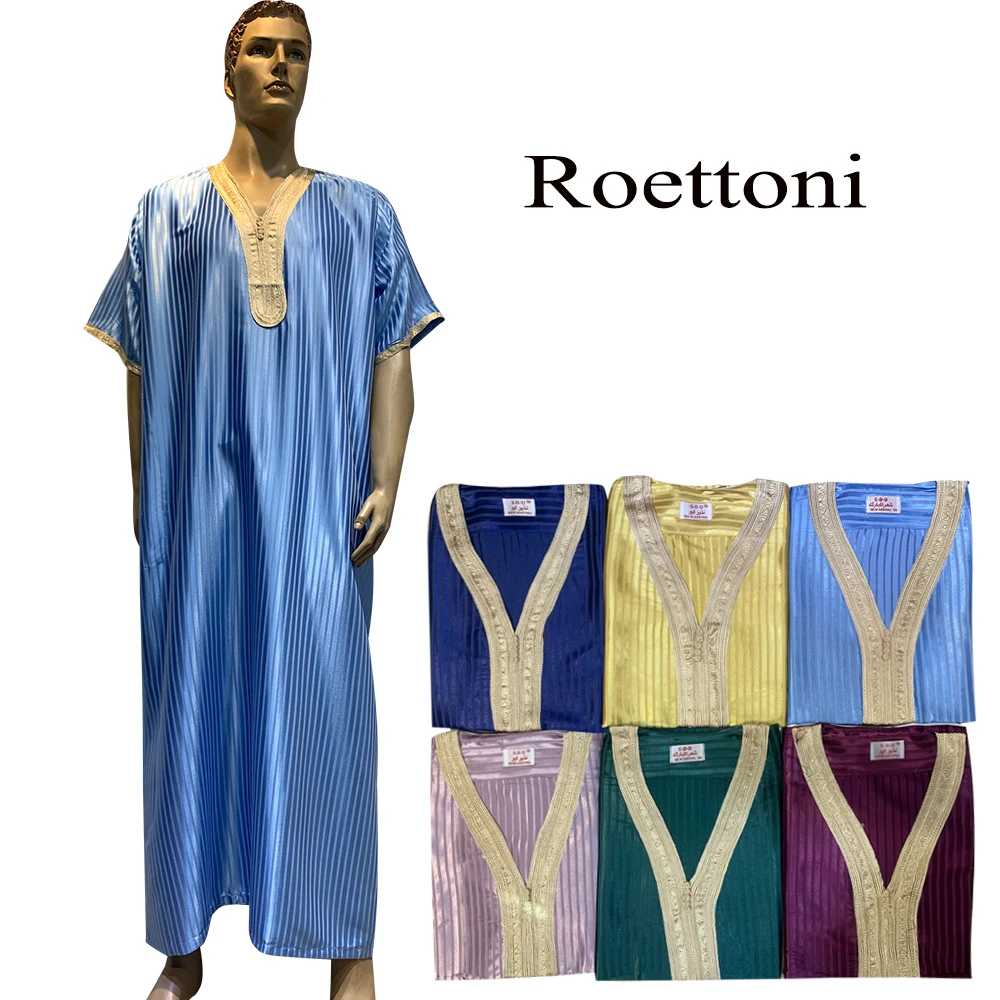 Thobe Jubba à rayures brillantes pour hommes, Kaftan, Pakistan, Arabie saoudite, Djellaba musulmane, Robe de prière islamique, Shortslev afghan, 1