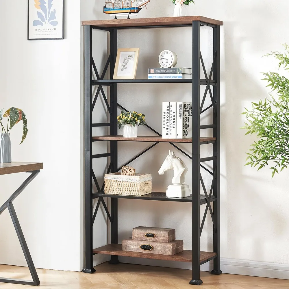 

2024 New 5-Tier Industrial Bookshelf, Tall Bookshelf Storage Organizer, Freestanding Bookshelf for Living Room