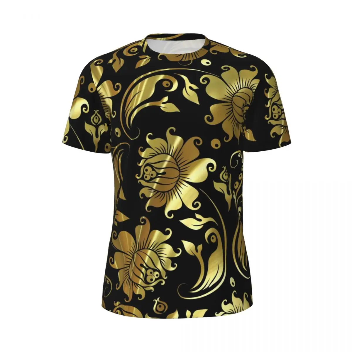 Sports T-Shirt For Men Gold Baroque Print T Shirts Fashion Black And Shiny Damasks Summer Tee Shirt O Neck Awesome Tops Gift