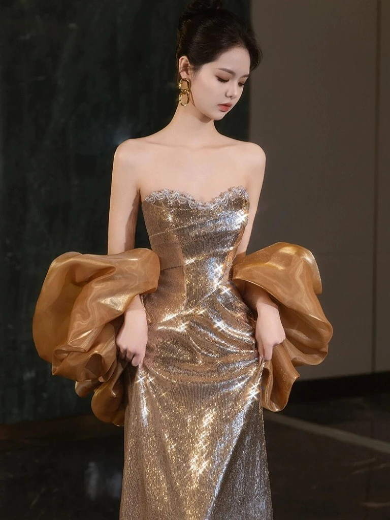 Shiny Luxury Evening Dresses Sweetheart Beading Mermaid Wedding Party Sexy Sequins Champagne Golden Celebrity Gowns 2024