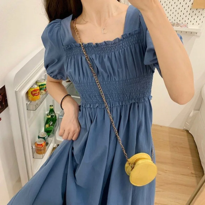 Hot Selling Women's Clothing Solid Color Puff Sleeve Camisole Skirt Square Collar Folds Lace Short Dress Slim Women's Dress