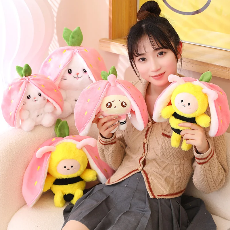 

20/30cm Kawaii Creative Strawberry Fruite Cat Plush Doll Bee Eggy with Zipper Anime Plushies Doll Cute Soft Kids Toys for Girls