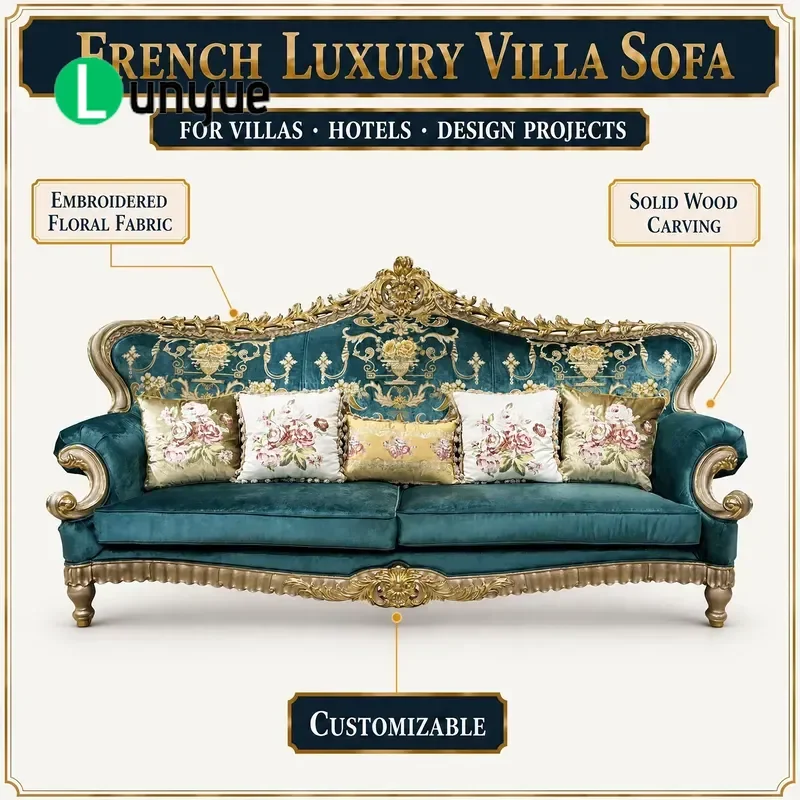 French Style Sofa Set Embroidered Fabric Wood Carving Pattern Luxury Villa Estate Living Room Furniture Elegant Design