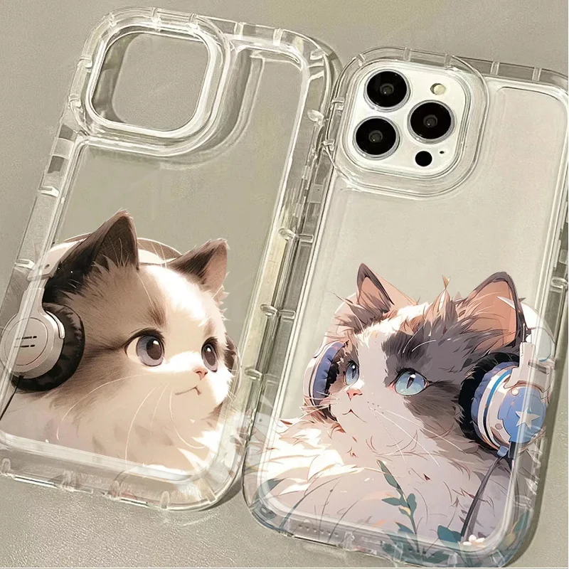 Lovely Music Cat Clear Phone Case for Samsung Galaxy S24 Ultra S23 S22 S21 FE S20 Plus Note 20 10 Pro A34 A54 A33 A53 Back Cover