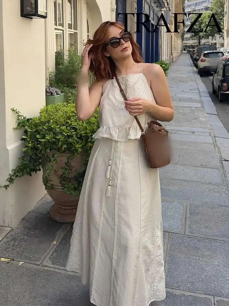 

New Summer Fashion Women Suits Solid Sleeveless Backless Tops+High Waist A-E Skirts Female Hook Wer Hollow Sets