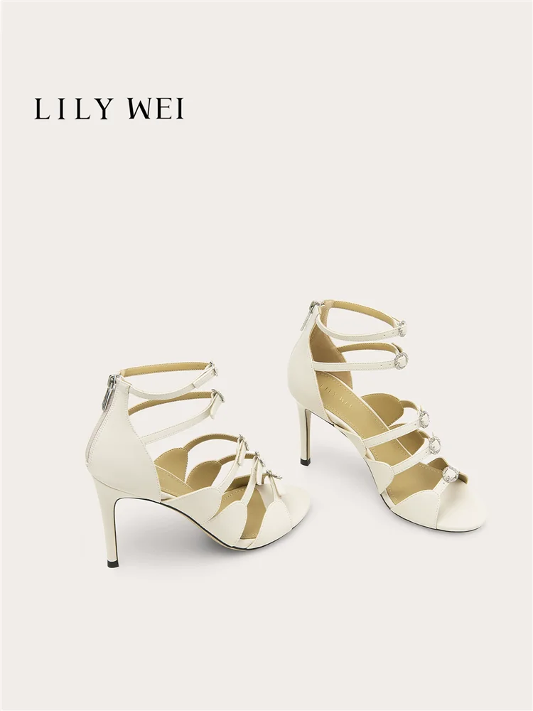 

Summer new beige rhinestone buckle strap open toe sandals for banquets, large size small size slim heel high-heeled women's shoe