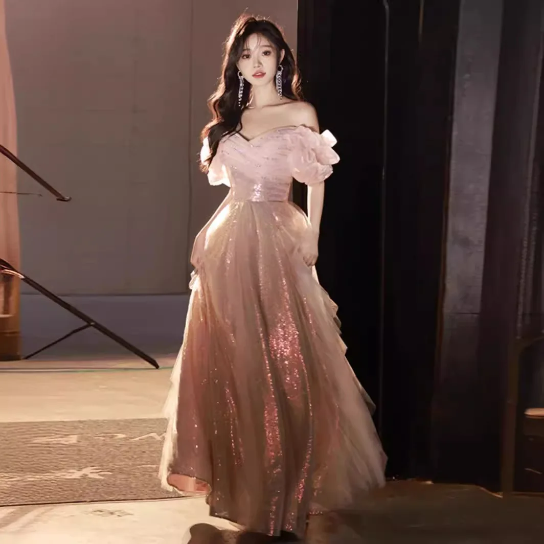 Pink Off Shoulder Evening Dress Pleat Puff Sleeves Engagement Dresses Sparkling Mermaid Tulle Floor-Length A-Line Cake Gown