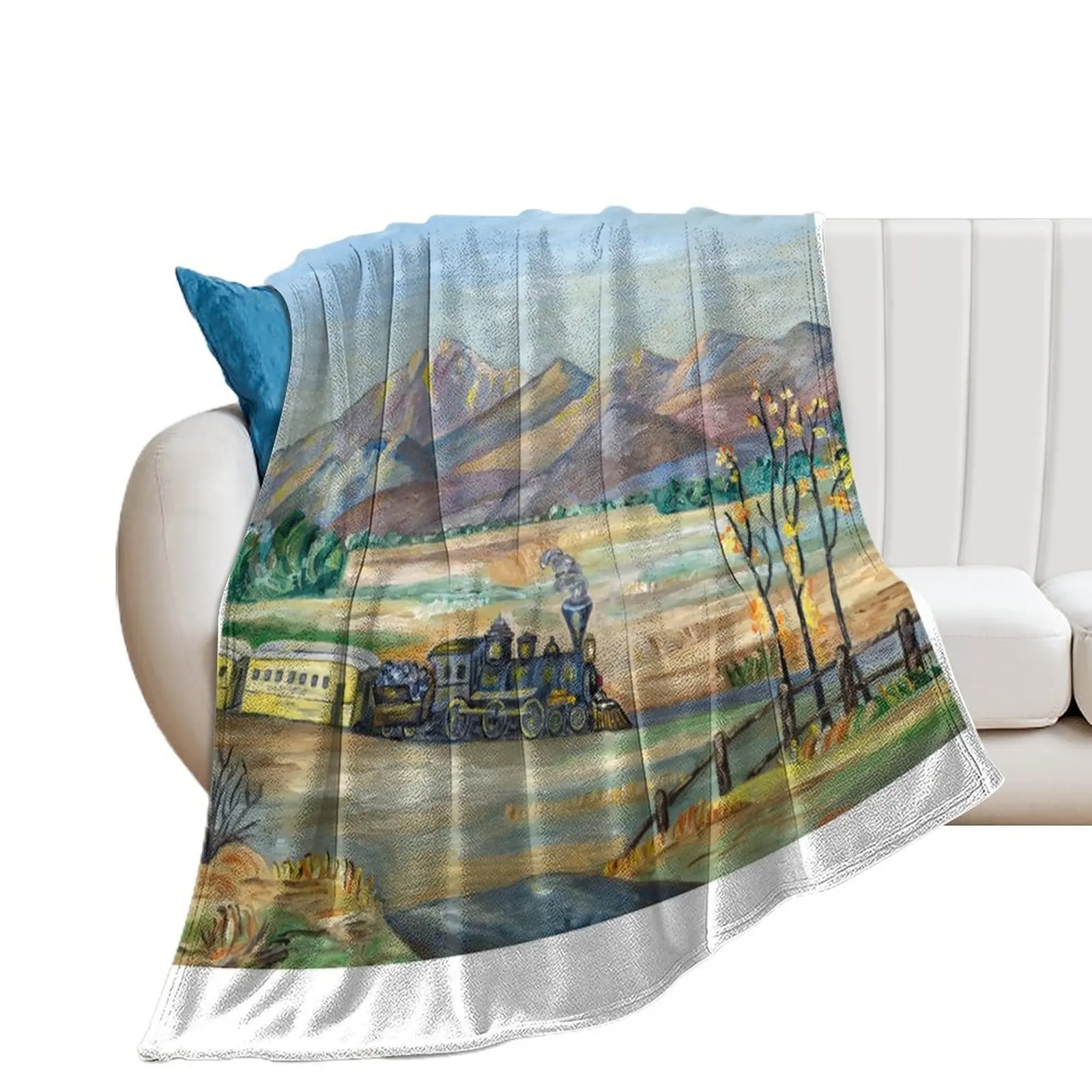 A Train Moving Through Wild West Naive Painting Throw Blanket Sleeping Bag Sofa Throw Soft Big Blankets