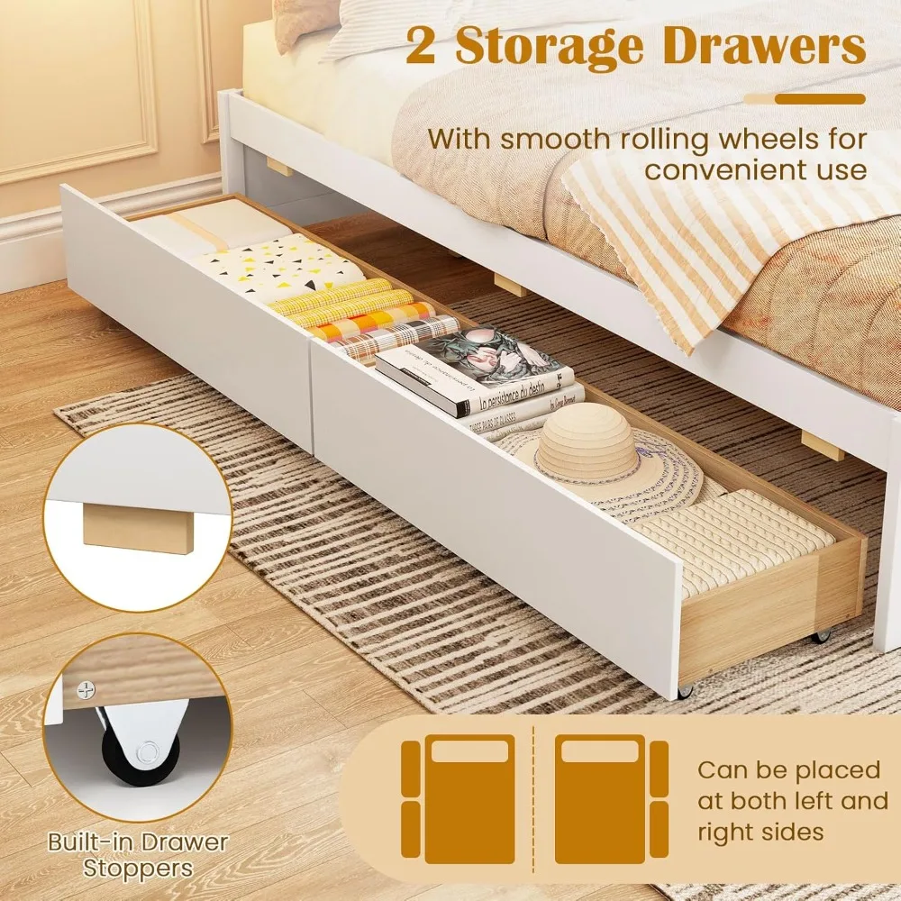 إطار سرير كامل الحجم مع درجين للتخزين، وسرير بمنصة من الخشب الصلب مع دعم شرائح، وسرير نهاري عالي التحمل مع مساحة تخزين،